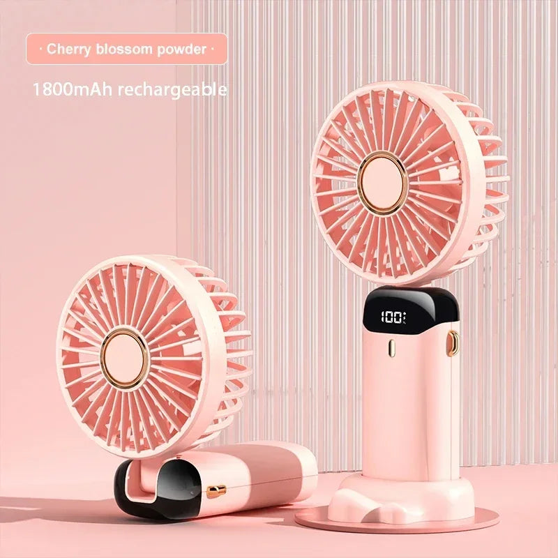 Portable Handheld Mini Fan - Rechargeable Fan with Phone Stand and Display Screen 1800mAh