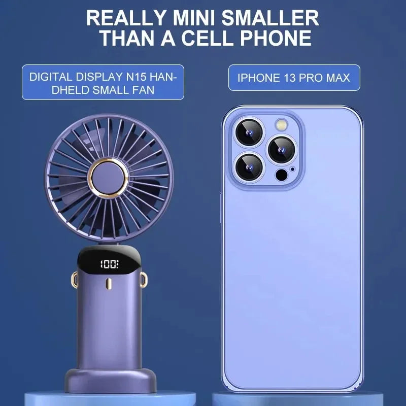 Portable Handheld Mini Fan - Rechargeable Fan with Phone Stand and Display Screen 1800mAh