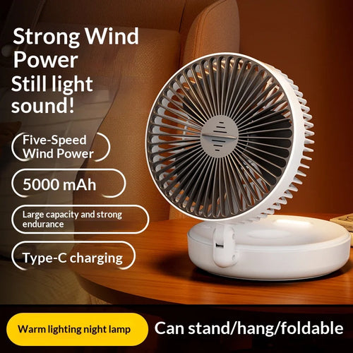5000mAh Foldable Glow-in-the-Dark Fan Wall Mount Portable Quiet High-Speed Air Circulation Fan for Students Office Desk Fan