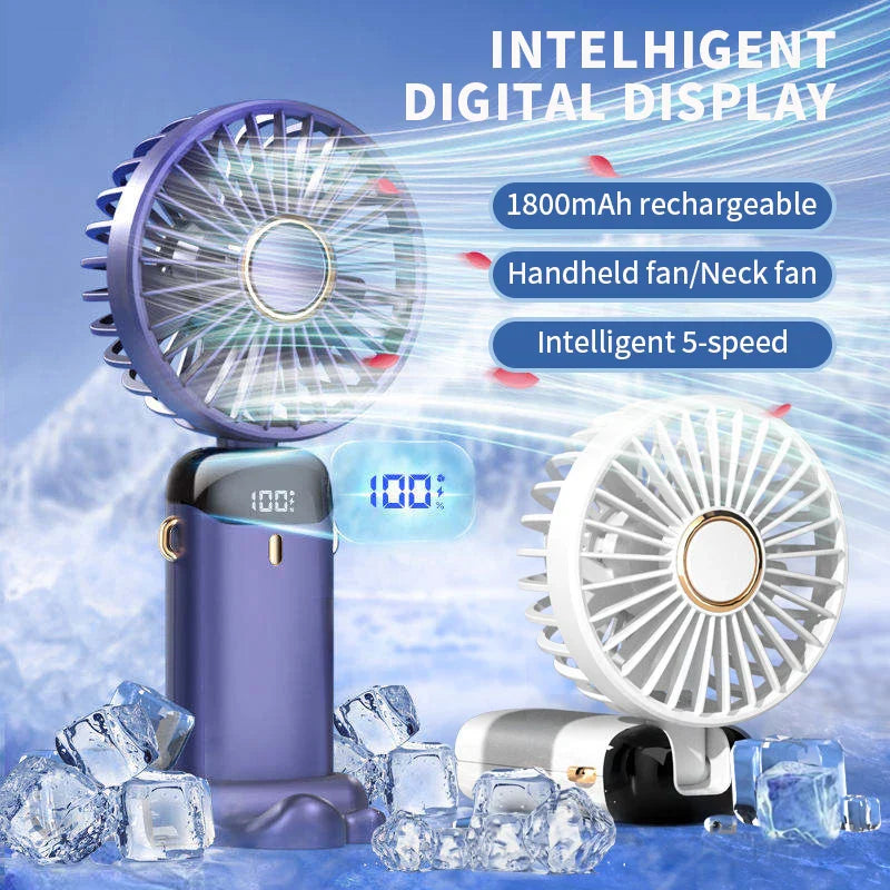 Portable Handheld Mini Fan - Rechargeable Fan with Phone Stand and Display Screen 1800mAh
