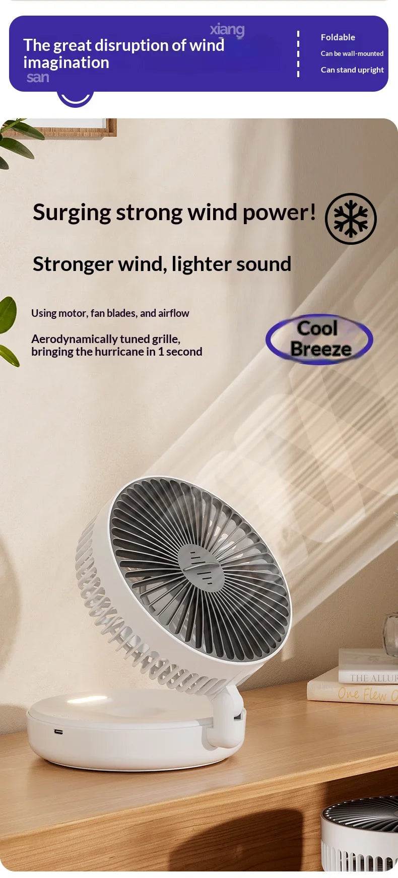 5000mAh Foldable Glow-in-the-Dark Fan Wall Mount Portable Quiet High-Speed Air Circulation Fan for Students Office Desk Fan